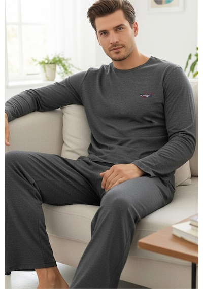 Siyah İnci Uzun Kollu Örme Erkek Pijama Takım 7795 Füme