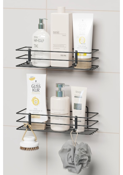 Yapışkanlı 2 Li Set Banyo Rafı Duş Şampuanlık Duvar Düzenleyici Organizer Siyah