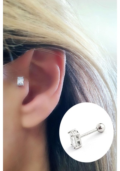 Pırlanta Parlaklığında Baget Zirkon Taşlı 925ayar Gümüş Tragus Helix Piercing Gümüş