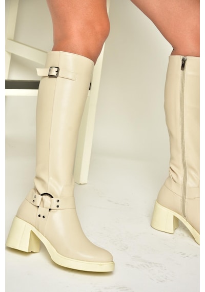 Fox Shoes T282832009 Bej Kalın Topuklu Kadın Çizme Bej
