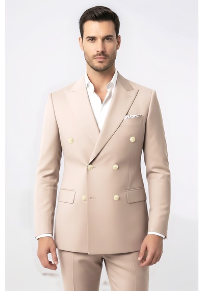 Gümüş Renk Metal Düğmeli Modern Fit Kruvaze Bej Erkek Takım Elbise Wessi Krem