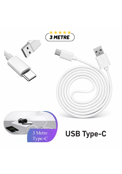 Uzun 3 Metre Usb-c Kablo Esnek, Sağlam Ve Uzun Ömürlü Type-c Kablo Beyaz