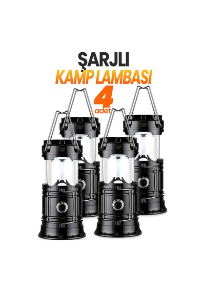 4 Adet Şarjlı Solarlı Kamp Lambası El Feneri Powerbank Özellikli Taşıma Kulplu Siyah 5800t