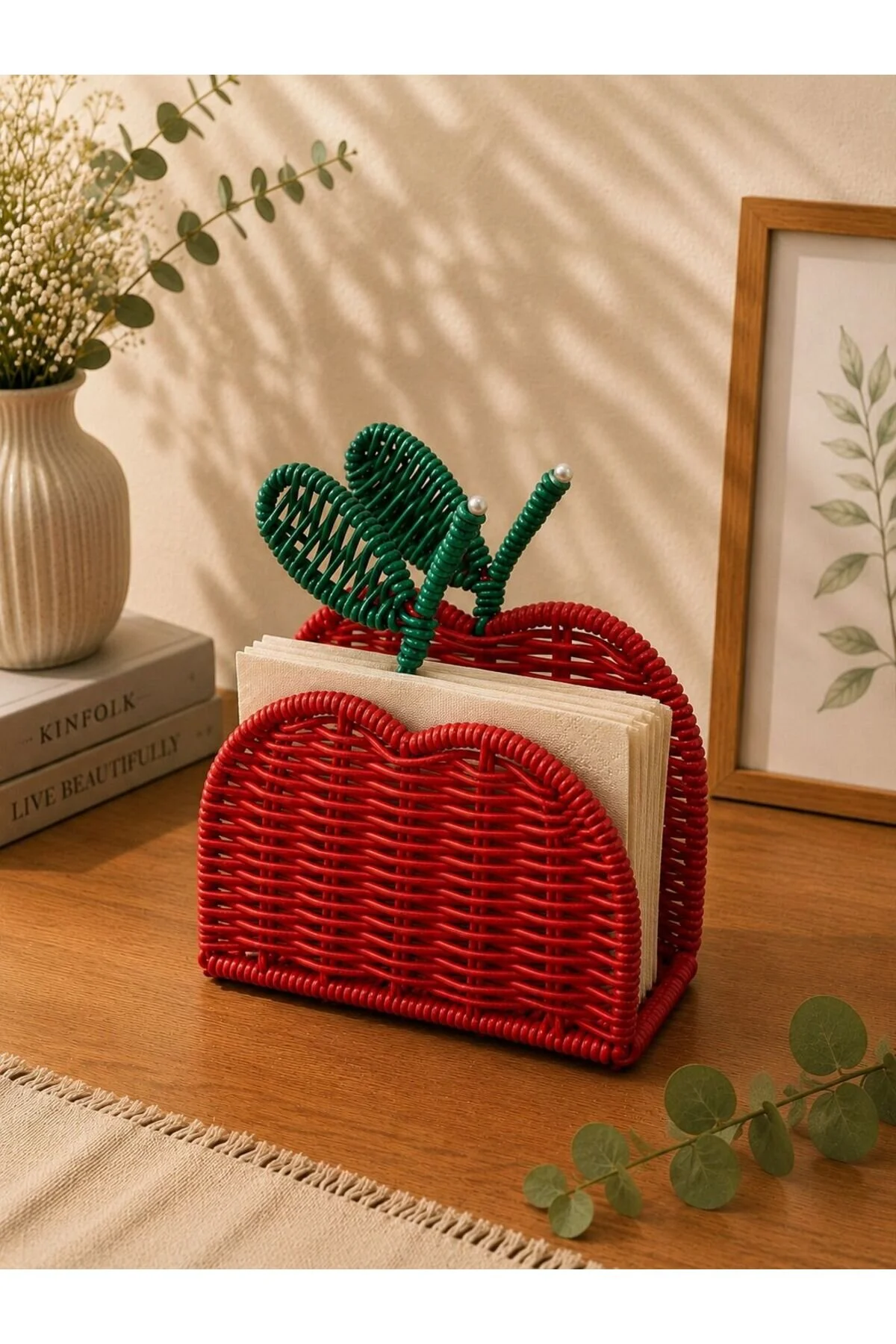 Hasır Rattan Elma Model Kırmızı Peçetelik Düzenleyici Organizer 15 14cm
