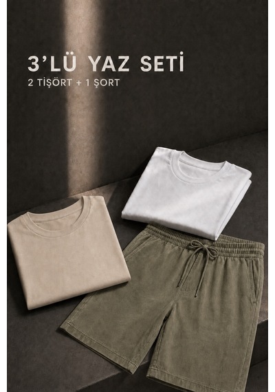 Erkek Keten Haki Şort & Bej-beyaz Basic Pamuklu 2 Li Set Tişört Premium Rahat Kalıp 3 Lü Yazlık Takım Bej+beyaz-tişört/haki-şort
