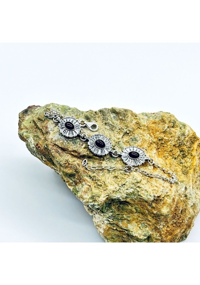 Oval Model Zirkon Ve Oltu Taşı İşçilikli 925 Ayar Gümüş Bileklik Gümüş  - Siyah