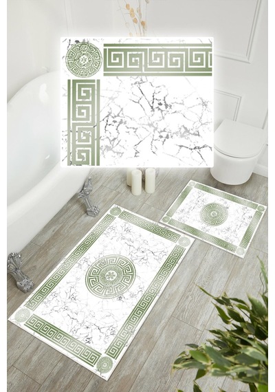Dijital Baskı Mermer Desen Kaymaz Taban 2li Set Banyo Paspası Klozet Takımı 50x60cm-60x100cm Yeşil