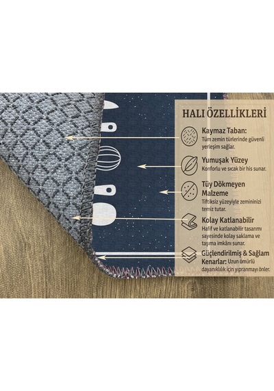 Turkıshrug Kıngdom Lacivert Kitchen Yazılı Halı Modern Dijital Baskılı Tasarım Çok Renkli