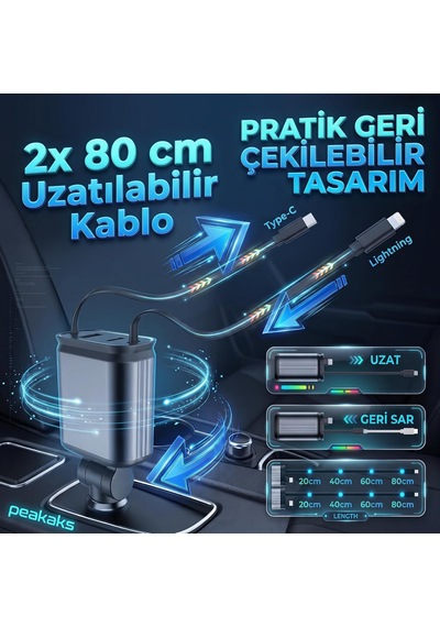 Tr 66w 5in1 Araç İçi Çakmaklık Hızlı Şarj Aleti, Tavan Aydınlatmalı, Çift Makaralı Kablo Type-c & Lightning