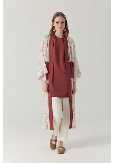 Zühre Şal Yaka Desen Geçişli Uzun Kimono-içlik İklili Takım 1868 Kiremit