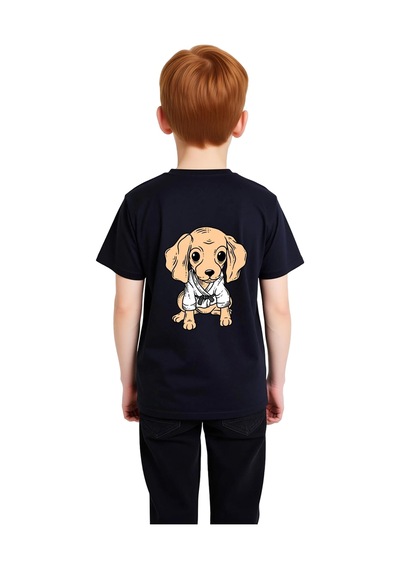 Paybuy Çocuk Kısa Kollu Baskılı Tişört Karate Köpek Figürlü Rahat Kesim Siyah