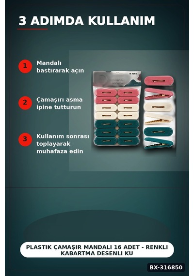 Plastik Çamaşır Mandalı 16 Adet - Renkli Kabartma Desenli Kurutma Mandalı Bx-316850 Diğer