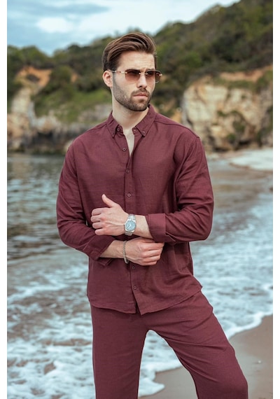 Madmext Bordo Rahat Kesim Keten Erkek Gömlek Pantolon Takım E7362