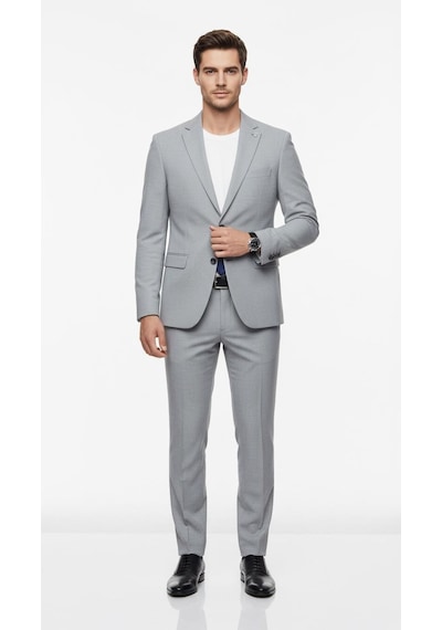 Erkek Slim Fit Mikro Desenli Takım Elbise 2 Düğmeli Çift Yırtmaçlı Modern Ceket Pantolon Takım Gri