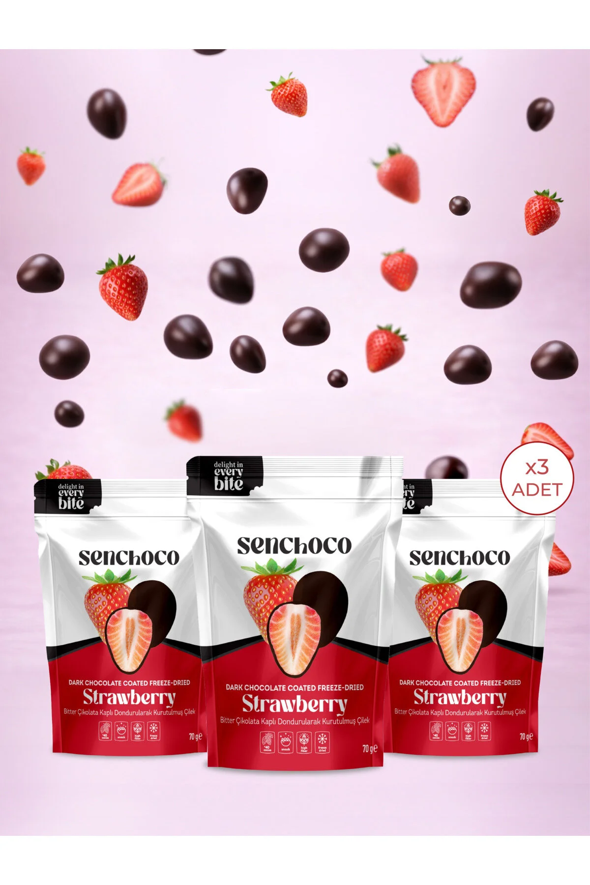 Senchoco 3 Lü Bitter Fd Çilek Kaplı Belçika Çikolatası