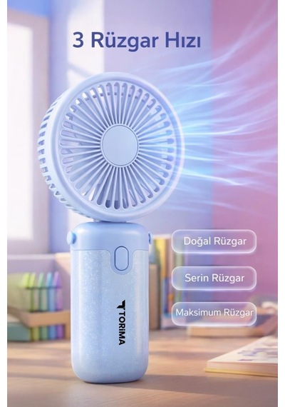 Şarjlı El Vantilatörü Masaüstü Stantlı 3 Kademeli Taşınabilir Mini Fan F57 Mavi