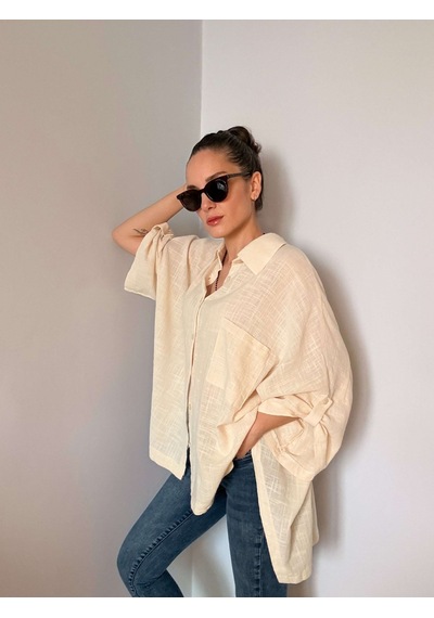 Ali Butik Krem Fakir Kol Oversize Keten Gömlek Krem