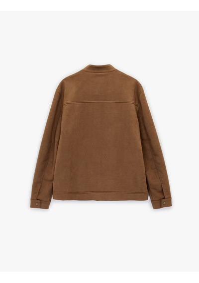 Koton Uzun Kollu Dik Yaka Cepli Fermuarlı Slim Fit Kahverengi Suni Süet Bomber Ceket Bej 6sam20026hw Ekru
