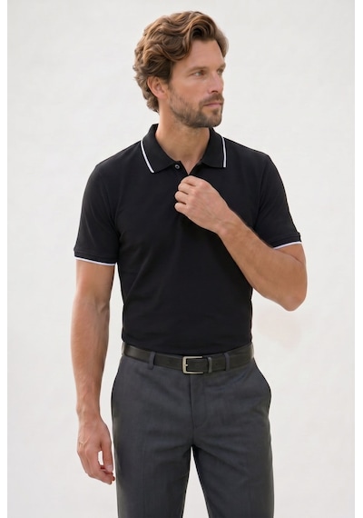 Tudors Erkek Regular Fit Klasik Kesim %100 Pamuk Kısa Kollu Çizgi Detaylı Siyah Polo Yaka Tişört-50849