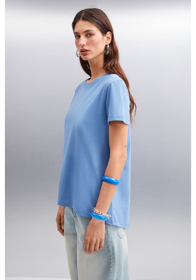 Grimelange Samantha Kadın %100 Organik Pamuklu Comfort Fit Arkası Uzun Basic Örme Indigo T-shirt Indigo