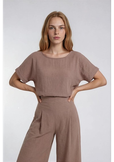 Vitrin Kısa Kol Oversize Keten Bluz CAMEL