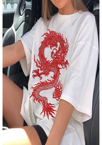 Hattie Musk Dragons Baskılı Kadın Oversize Tshirt 001