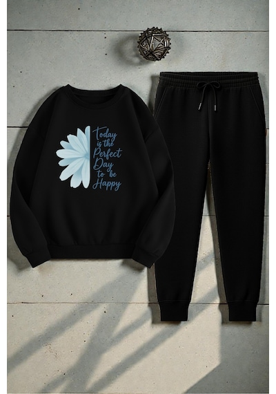 Uyguntarz Unisex Today İs The Perfect Tasarım Basklı Bisiklet Yaka Sweatshirt - 2'li Eşofman Takımı Siyah