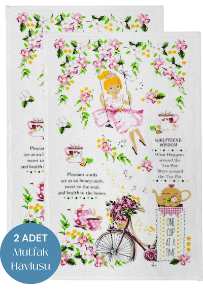 2li Paket Baskılı Beyaz Mutfak Havlusu Modeli Bisikletli Kız