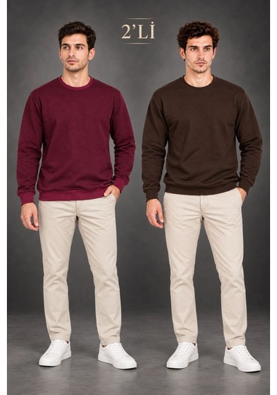 Erkek 2'li Bisiklet Yaka İçi Şardonlu 2 İplik Düz Uzun Kollu Regular Fit Sweatshirt -bordo & Kahverengi Çok Renkli
