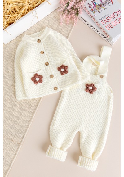 Babymod Yumuşak Dokulu Triko Hırkalı Kız Bebek Örgü Salopet Tulum Set Ekru