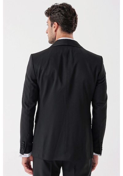 İmza Siyah Desenli Armürlü Çıkarılabilir Şal Yaka Kruvaze 6 Drop Slim Fit Smokin Damatlık Takım 1001230214-Siyah