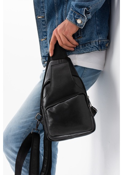 Erzeno Hakiki Deri Erkek Siyah Çapraz Askılı Çanta / Çapraz Göğüs Çantası Omuz Çantası Body Bag Siyah - 664251534 Siyah