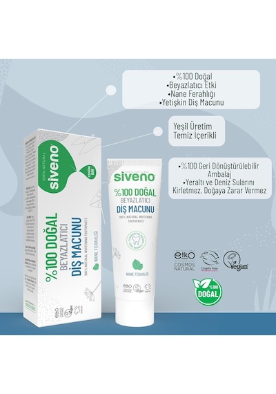 Siveno%100 Doğal Diş Macunu Beyazlatıcı Nane Ferahlığı Florürsüz 65 Gr Beyazlatma