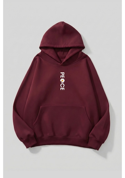 Uyguntarz Unisex Yumuşak Dokulu Peace Baskılı Tasarım Oversize 3 İplik Hoodie Sweatshirt Bordo