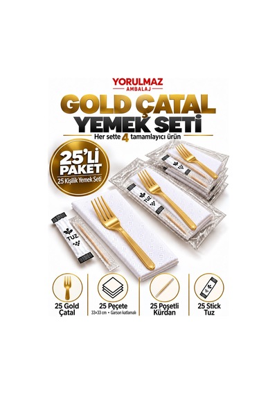Lüks Gold Çatal Yemek Seti 25 Kişilik 33 33 Cm Garson Katlamalı Peçete, Poşetli Kürdan Ve Stick Tuz