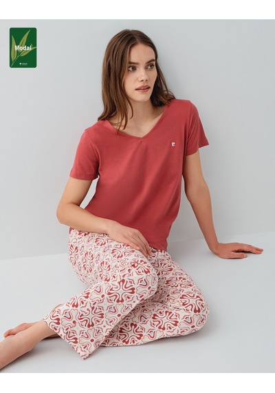 Pierre Cardin 9195 Modal Pamuk Cepli Kısa Kol Kadın Pijama Takımı Bordo