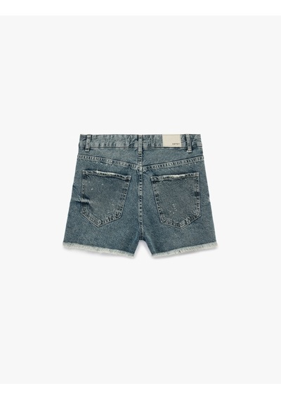 Koton Yıpratma Detaylı Pamuklu Rahat Kalıp Mini Denim Şort Orta İndigo 6sal40031md