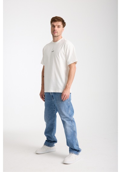 Cool Tarz Erkek Beyaz Milano Nakış Yazılı Oversize Bisiklet Yaka T-shirt Beyaz Beyaz