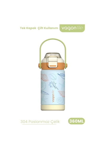 360 Ml Çocuk Termosu Tek Kapak Çift Kullanım Pipetli Rahat İçim Kulplu Paslanmaz Çelik Termos 1104-360ml Turuncu