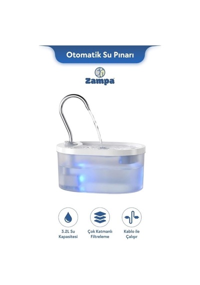 Zampa Pwf-01 Oval Pet Otomatik Su Pınarı 3.2l - Kediler Ve Köpekler İçin Taze Su Çözümü