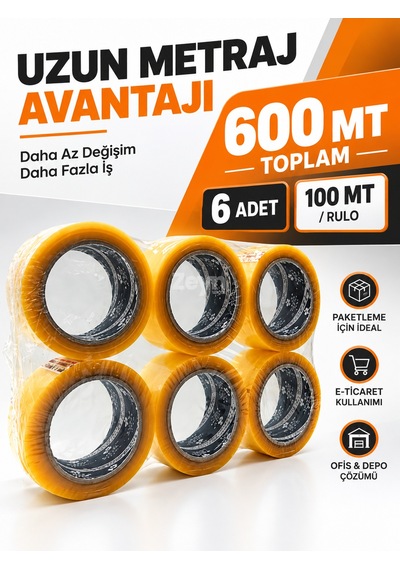 100 Metre Koli Bandı 6'lı Paket Akrilik Yapışkanlı Şeffaf Paketleme Ve Kutu Bandı 6 Adet