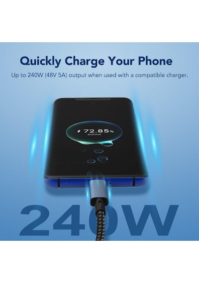 Led Ekranlı 240w Usb C - Usb C Hızlı Şarj Kablosu, 48v/5a Usb-c Pd 3.1, Naylon Örgülü Tip C Erkek - Erkek Kablo Kablosu, Macbook Pro/air/ipad/google/hp// İçin Dizüstü Veri Kablosu