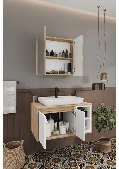 Lale Beyaz 80 Cm %100 Mdf Lavabolu Banyo Dolabı + Aynalı Dolap Beyaz Meşe Lale Beyaz 80 Cm %100 Mdf Lavabolu Banyo Dolabı + Aynalı Dolap Beyaz Meşe