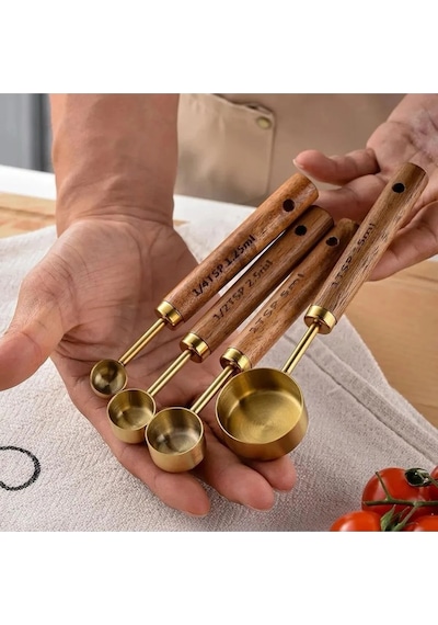 Mucit Home 4 Adet Gold Paslanmaz Çelik Ahşap Saplı Ölçü Kaşığı Seti Ölçü Kabı Küçük Gold