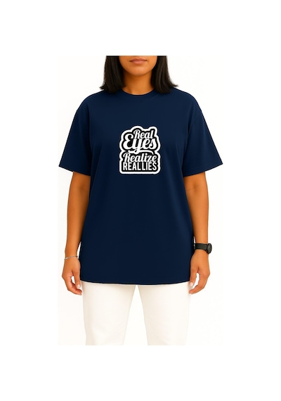 Bahriyeli Collection Oversize Gerçek Gözler Gerçek Yalanları Fark Eder Göğüs Baskılı Unisex T-shirt Lacivert