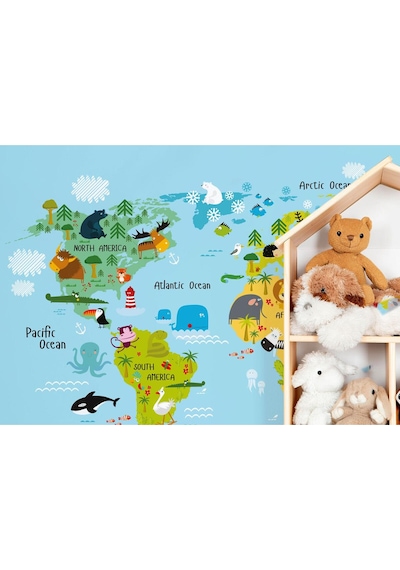 Çocuk Ve Bebek Odası Poster Duvar Kağıdı Hayvanlar Alemi Eğitici Dünya Haritası-1007