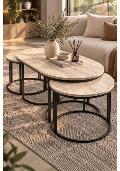 Sulorahome Bej 3'lü Oval Sehpa Seti