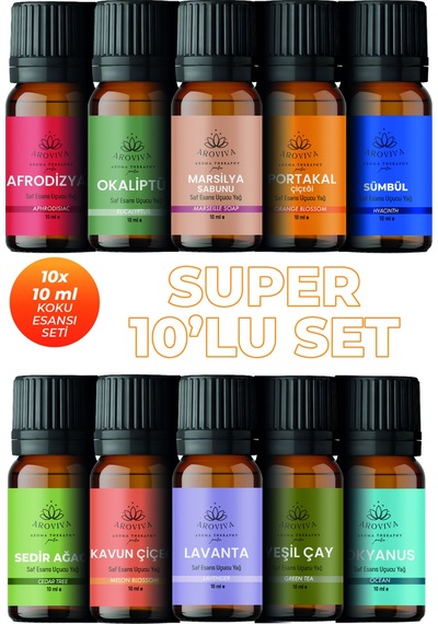 Süper Esansiyel Uçucu Koku Yağı Buhurdanlık Yağı Difüzör Esansı 10'lu Set 10x10ml Karışık