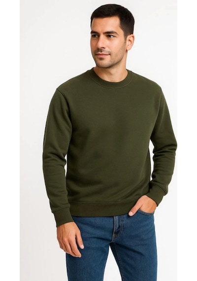 Butik İstanbul Erkek Üç İplik Düz Bisiklet Yaka Sweatshirt - Haki
