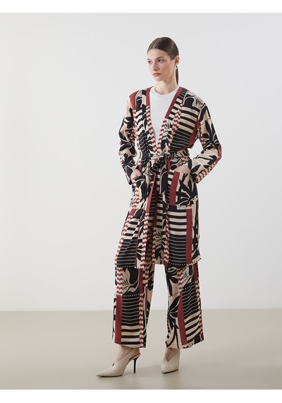 Lcw Modest Siyah Şal Yaka Desenli Oversize Kadın Kimono